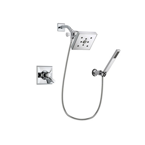 Delta Dryden Chrome Finish Dual Control Shower Faucet System Package with Square Shower Head and Modern Handheld Shower Spray with Wall Bracket and Hose Includes Rough-in Valve DSP0142V