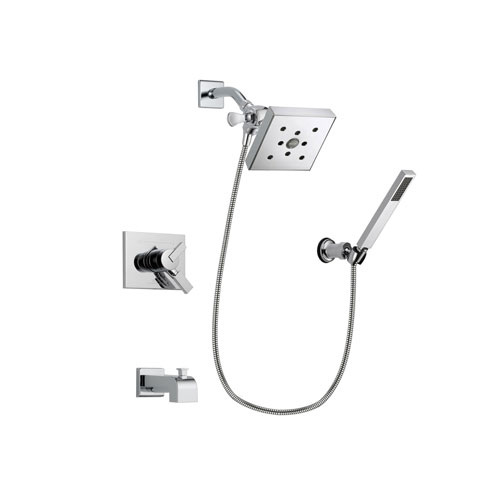 Delta Vero Chrome Finish Dual Control Tub and Shower Faucet System Package with Square Shower Head and Modern Handheld Shower Spray with Wall Bracket and Hose Includes Rough-in Valve and Tub Spout DSP0143V