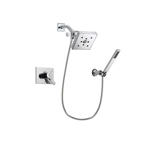 Delta Vero Chrome Finish Dual Control Shower Faucet System Package with Square Shower Head and Modern Handheld Shower Spray with Wall Bracket and Hose Includes Rough-in Valve DSP0144V