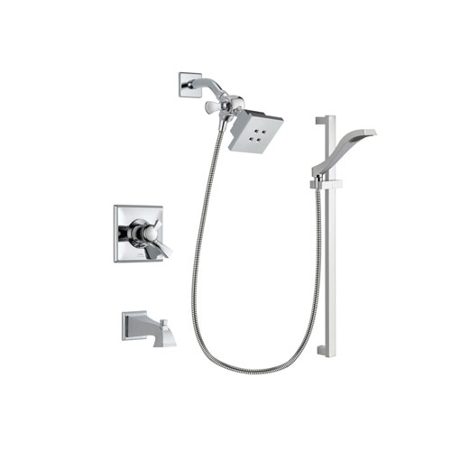 Delta Dryden Chrome Finish Dual Control Tub and Shower Faucet System Package with Square Showerhead and Wall Mount Slide Bar with Handheld Shower Spray Includes Rough-in Valve and Tub Spout DSP0157V