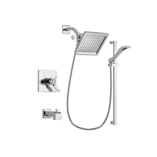 Delta Arzo Chrome Finish Thermostatic Tub and Shower Faucet System Package with 6.5-inch Square Rain Showerhead and Wall Mount Slide Bar with Handheld Shower Spray Includes Rough-in Valve and Tub Spout DSP0166V