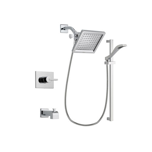 Delta Vero Chrome Finish Tub and Shower Faucet System Package with 6.5-inch Square Rain Showerhead and Wall Mount Slide Bar with Handheld Shower Spray Includes Rough-in Valve and Tub Spout DSP0170V