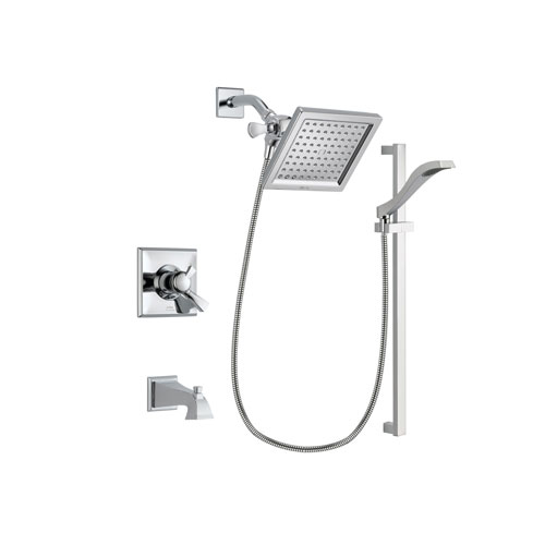 Delta Dryden Chrome Finish Dual Control Tub and Shower Faucet System Package with 6.5-inch Square Rain Showerhead and Wall Mount Slide Bar with Handheld Shower Spray Includes Rough-in Valve and Tub Spout DSP0173V