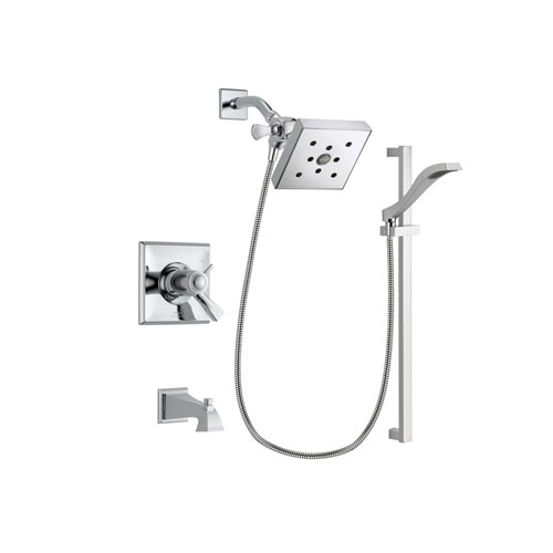Delta Dryden Chrome Finish Thermostatic Tub and Shower Faucet System Package with Square Shower Head and Wall Mount Slide Bar with Handheld Shower Spray Includes Rough-in Valve and Tub Spout DSP0178V