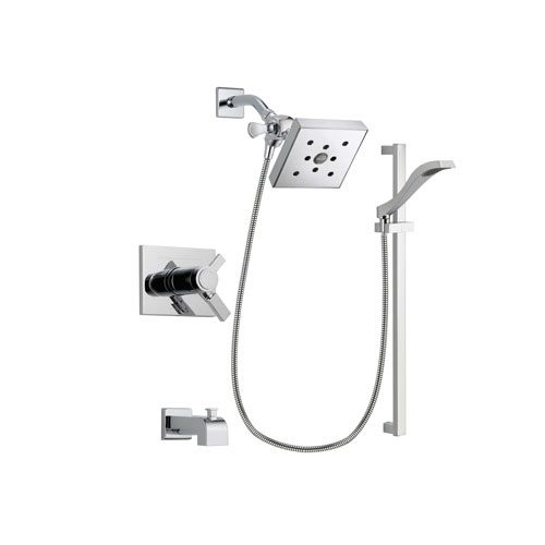 Delta Vero Chrome Finish Thermostatic Tub and Shower Faucet System Package with Square Shower Head and Wall Mount Slide Bar with Handheld Shower Spray Includes Rough-in Valve and Tub Spout DSP0179V