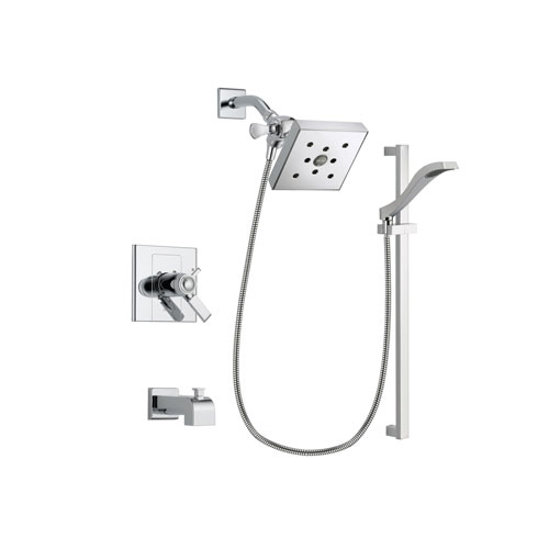 Delta Arzo Chrome Finish Thermostatic Tub and Shower Faucet System Package with Square Shower Head and Wall Mount Slide Bar with Handheld Shower Spray Includes Rough-in Valve and Tub Spout DSP0182V