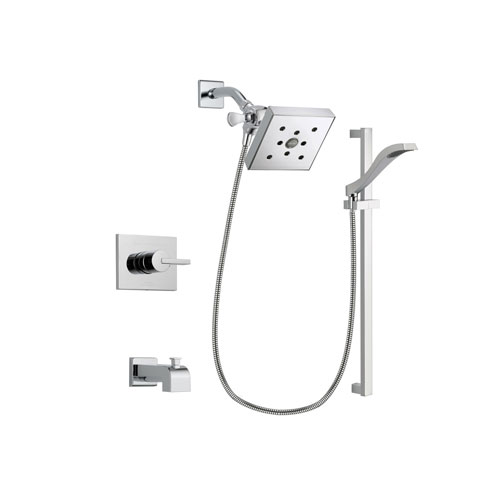 Delta Vero Chrome Finish Tub and Shower Faucet System Package with Square Shower Head and Wall Mount Slide Bar with Handheld Shower Spray Includes Rough-in Valve and Tub Spout DSP0186V
