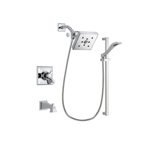 Delta Dryden Chrome Finish Dual Control Tub and Shower Faucet System Package with Square Shower Head and Wall Mount Slide Bar with Handheld Shower Spray Includes Rough-in Valve and Tub Spout DSP0189V