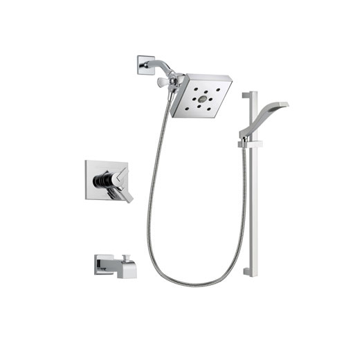 Delta Vero Chrome Finish Dual Control Tub and Shower Faucet System Package with Square Shower Head and Wall Mount Slide Bar with Handheld Shower Spray Includes Rough-in Valve and Tub Spout DSP0191V