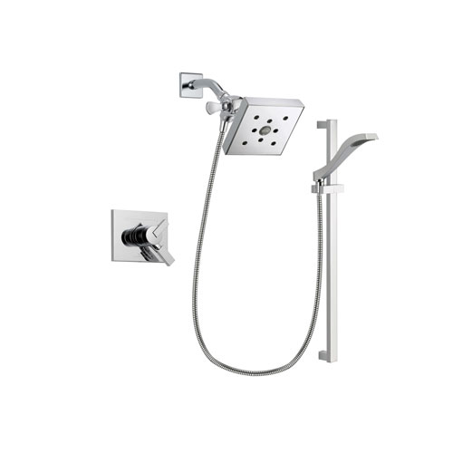 Delta Vero Chrome Finish Dual Control Shower Faucet System Package with Square Shower Head and Wall Mount Slide Bar with Handheld Shower Spray Includes Rough-in Valve DSP0192V