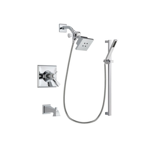 Delta Dryden Chrome Finish Thermostatic Tub and Shower Faucet System Package with Square Showerhead and Modern Square Wall Mount Slide Bar with Handheld Shower Spray Includes Rough-in Valve and Tub Spout DSP0194V