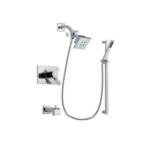 Delta Vero Chrome Finish Thermostatic Tub and Shower Faucet System Package with Square Showerhead and Modern Square Wall Mount Slide Bar with Handheld Shower Spray Includes Rough-in Valve and Tub Spout DSP0195V