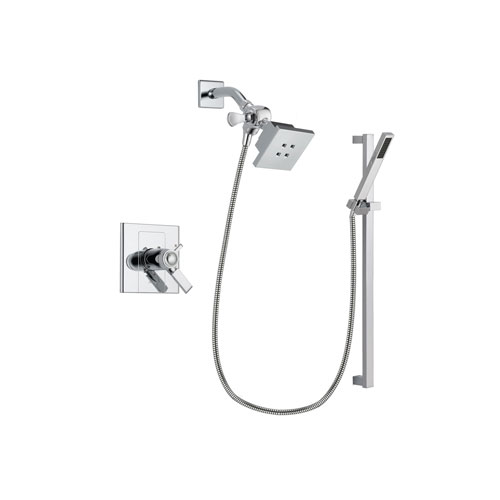 Delta Arzo Chrome Finish Thermostatic Shower Faucet System Package with Square Showerhead and Modern Square Wall Mount Slide Bar with Handheld Shower Spray Includes Rough-in Valve DSP0197V