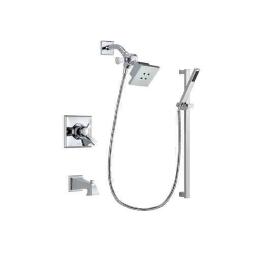 Delta Dryden Chrome Finish Dual Control Tub and Shower Faucet System Package with Square Showerhead and Modern Square Wall Mount Slide Bar with Handheld Shower Spray Includes Rough-in Valve and Tub Spout DSP0205V