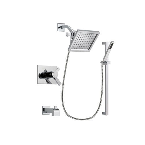 Delta Vero Chrome Finish Thermostatic Tub and Shower Faucet System Package with 6.5-inch Square Rain Showerhead and Modern Square Wall Mount Slide Bar with Handheld Shower Spray Includes Rough-in Valve and Tub Spout DSP0211V