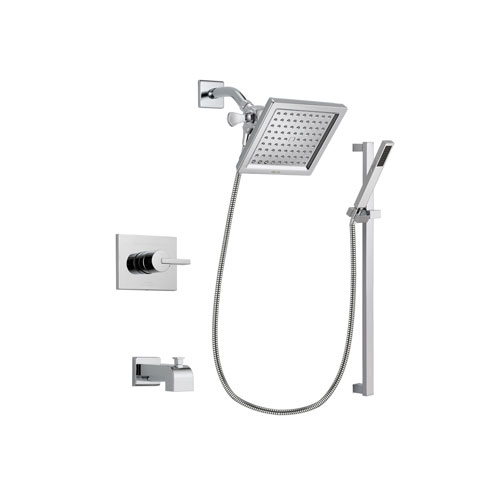 Delta Vero Chrome Finish Tub and Shower Faucet System Package with 6.5-inch Square Rain Showerhead and Modern Square Wall Mount Slide Bar with Handheld Shower Spray Includes Rough-in Valve and Tub Spout DSP0218V