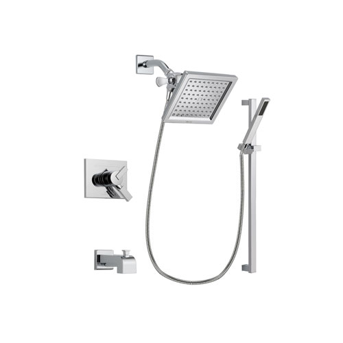Delta Vero Chrome Finish Dual Control Tub and Shower Faucet System Package with 6.5-inch Square Rain Showerhead and Modern Square Wall Mount Slide Bar with Handheld Shower Spray Includes Rough-in Valve and Tub Spout DSP0223V