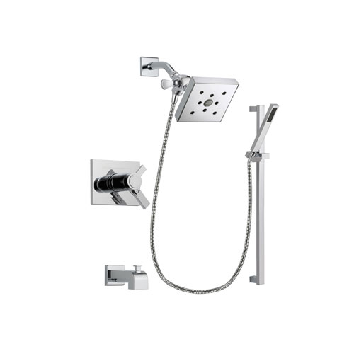 Delta Vero Chrome Finish Thermostatic Tub and Shower Faucet System Package with Square Shower Head and Modern Square Wall Mount Slide Bar with Handheld Shower Spray Includes Rough-in Valve and Tub Spout DSP0227V