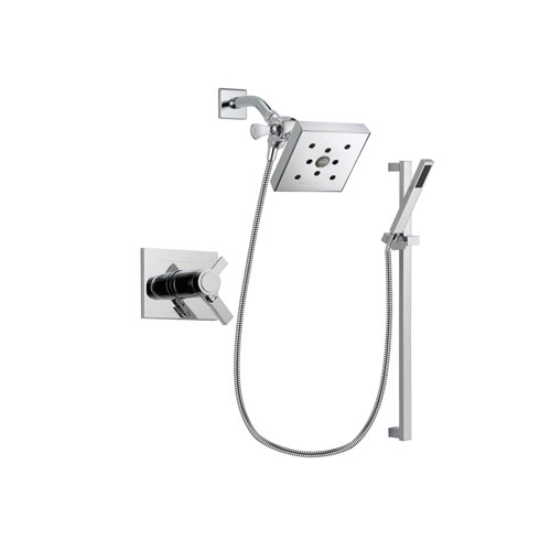 Delta Vero Chrome Finish Thermostatic Shower Faucet System Package with Square Shower Head and Modern Square Wall Mount Slide Bar with Handheld Shower Spray Includes Rough-in Valve DSP0228V