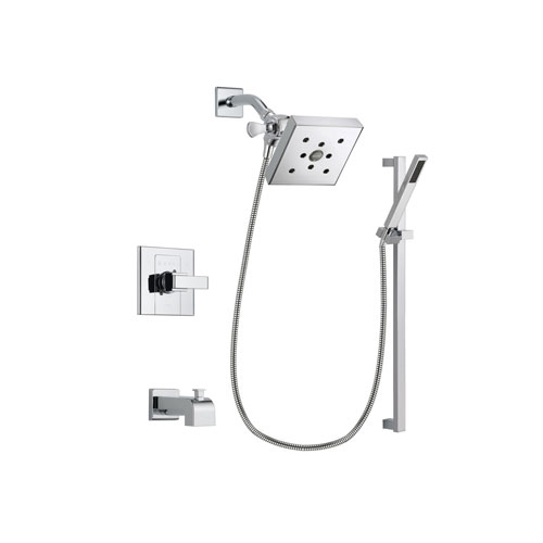 Delta Arzo Chrome Finish Tub and Shower Faucet System Package with Square Shower Head and Modern Square Wall Mount Slide Bar with Handheld Shower Spray Includes Rough-in Valve and Tub Spout DSP0235V