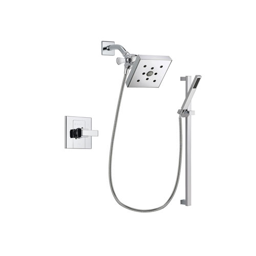 Delta Arzo Chrome Finish Shower Faucet System Package with Square Shower Head and Modern Square Wall Mount Slide Bar with Handheld Shower Spray Includes Rough-in Valve DSP0236V
