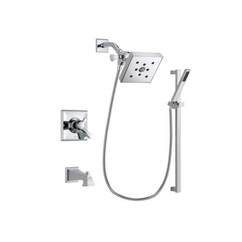 Delta Dryden Chrome Finish Dual Control Tub and Shower Faucet System Package with Square Shower Head and Modern Square Wall Mount Slide Bar with Handheld Shower Spray Includes Rough-in Valve and Tub Spout DSP0237V