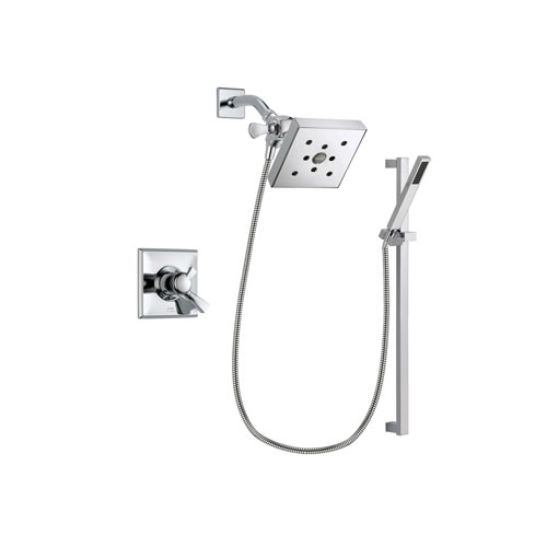 Delta Dryden Chrome Finish Dual Control Shower Faucet System Package with Square Shower Head and Modern Square Wall Mount Slide Bar with Handheld Shower Spray Includes Rough-in Valve DSP0238V