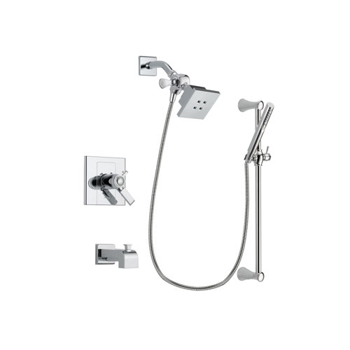 Delta Arzo Chrome Finish Thermostatic Tub and Shower Faucet System Package with Square Showerhead and Modern Wall Mount Slide Bar with Handheld Shower Spray Includes Rough-in Valve and Tub Spout DSP0246V