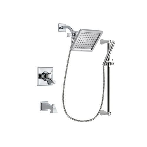 Delta Dryden Chrome Finish Dual Control Tub and Shower Faucet System Package with 6.5-inch Square Rain Showerhead and Modern Wall Mount Slide Bar with Handheld Shower Spray Includes Rough-in Valve and Tub Spout DSP0269V