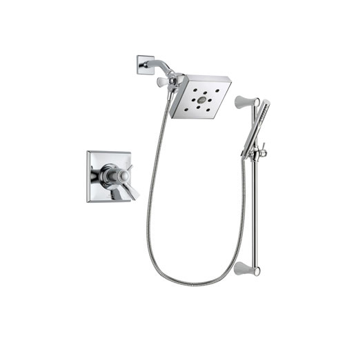 Delta Dryden Chrome Finish Thermostatic Shower Faucet System Package with Square Shower Head and Modern Wall Mount Slide Bar with Handheld Shower Spray Includes Rough-in Valve DSP0273V