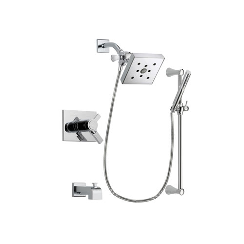 Delta Vero Chrome Finish Thermostatic Tub and Shower Faucet System Package with Square Shower Head and Modern Wall Mount Slide Bar with Handheld Shower Spray Includes Rough-in Valve and Tub Spout DSP0275V
