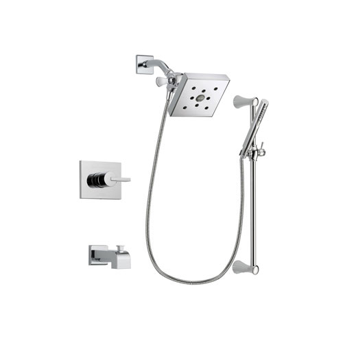 Delta Vero Chrome Finish Tub and Shower Faucet System Package with Square Shower Head and Modern Wall Mount Slide Bar with Handheld Shower Spray Includes Rough-in Valve and Tub Spout DSP0282V
