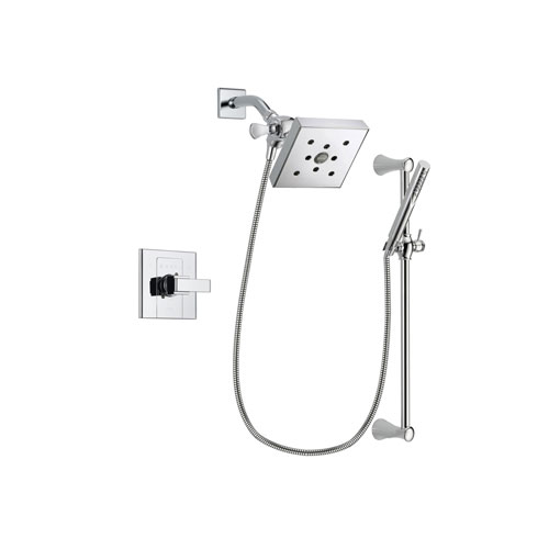 Delta Arzo Chrome Finish Shower Faucet System Package with Square Shower Head and Modern Wall Mount Slide Bar with Handheld Shower Spray Includes Rough-in Valve DSP0284V
