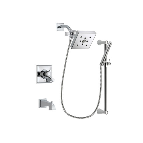 Delta Dryden Chrome Finish Dual Control Tub and Shower Faucet System Package with Square Shower Head and Modern Wall Mount Slide Bar with Handheld Shower Spray Includes Rough-in Valve and Tub Spout DSP0285V