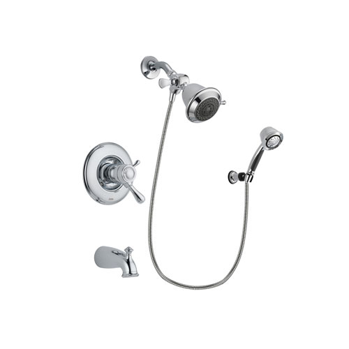 Delta Leland Chrome Finish Thermostatic Tub and Shower Faucet System Package with Shower Head and 5-Spray Adjustable Wall Mount Hand Shower Includes Rough-in Valve and Tub Spout DSP0293V
