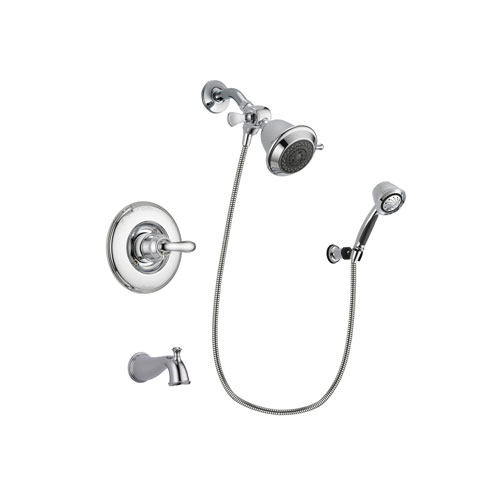 Delta Linden Chrome Finish Tub and Shower Faucet System Package with Shower Head and 5-Spray Adjustable Wall Mount Hand Shower Includes Rough-in Valve and Tub Spout DSP0307V