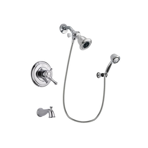 Delta Cassidy Chrome Finish Dual Control Tub and Shower Faucet System Package with Water Efficient Showerhead and 5-Spray Adjustable Wall Mount Hand Shower Includes Rough-in Valve and Tub Spout DSP0355V