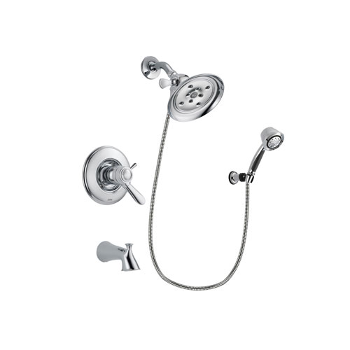 Delta Lahara Chrome Finish Thermostatic Tub and Shower Faucet System Package with Large Rain Showerhead and 5-Spray Adjustable Wall Mount Hand Shower Includes Rough-in Valve and Tub Spout DSP0357V