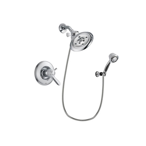Delta Lahara Chrome Finish Thermostatic Shower Faucet System Package with Large Rain Showerhead and 5-Spray Adjustable Wall Mount Hand Shower Includes Rough-in Valve DSP0358V