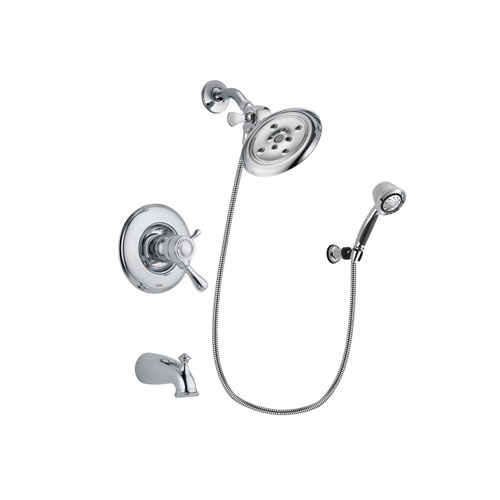 Delta Leland Chrome Finish Thermostatic Tub and Shower Faucet System Package with Large Rain Showerhead and 5-Spray Adjustable Wall Mount Hand Shower Includes Rough-in Valve and Tub Spout DSP0361V