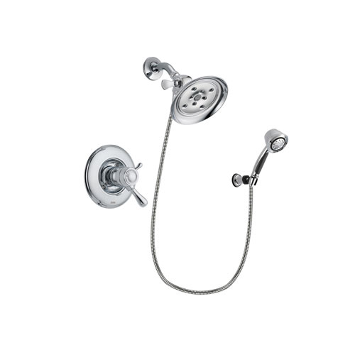 Delta Leland Chrome Finish Thermostatic Shower Faucet System Package with Large Rain Showerhead and 5-Spray Adjustable Wall Mount Hand Shower Includes Rough-in Valve DSP0362V