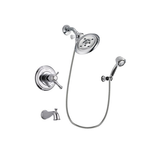 Delta Cassidy Chrome Finish Thermostatic Tub and Shower Faucet System Package with Large Rain Showerhead and 5-Spray Adjustable Wall Mount Hand Shower Includes Rough-in Valve and Tub Spout DSP0365V