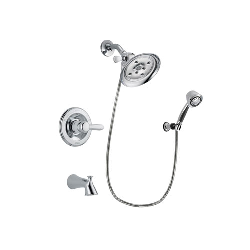 Delta Lahara Chrome Finish Tub and Shower Faucet System Package with Large Rain Showerhead and 5-Spray Adjustable Wall Mount Hand Shower Includes Rough-in Valve and Tub Spout DSP0367V