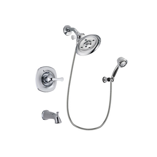 Delta Addison Chrome Finish Tub and Shower Faucet System Package with Large Rain Showerhead and 5-Spray Adjustable Wall Mount Hand Shower Includes Rough-in Valve and Tub Spout DSP0373V