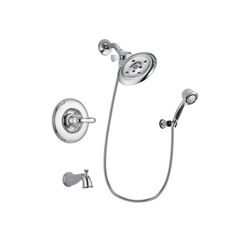 Delta Linden Chrome Finish Tub and Shower Faucet System Package with Large Rain Showerhead and 5-Spray Adjustable Wall Mount Hand Shower Includes Rough-in Valve and Tub Spout DSP0375V
