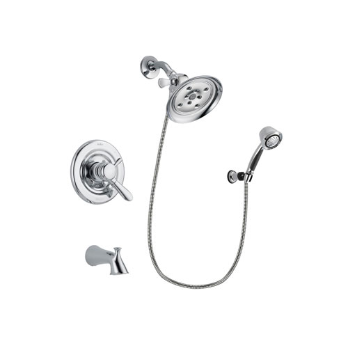 Delta Lahara Chrome Finish Dual Control Tub and Shower Faucet System Package with Large Rain Showerhead and 5-Spray Adjustable Wall Mount Hand Shower Includes Rough-in Valve and Tub Spout DSP0377V