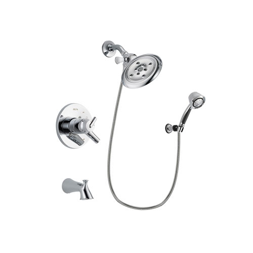 Delta Trinsic Chrome Finish Dual Control Tub and Shower Faucet System Package with Large Rain Showerhead and 5-Spray Adjustable Wall Mount Hand Shower Includes Rough-in Valve and Tub Spout DSP0379V