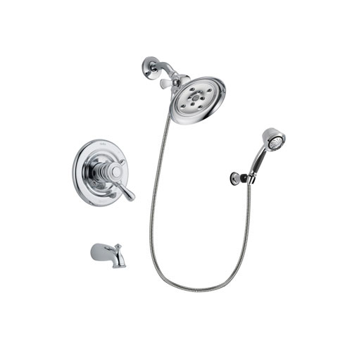 Delta Leland Chrome Finish Dual Control Tub and Shower Faucet System Package with Large Rain Showerhead and 5-Spray Adjustable Wall Mount Hand Shower Includes Rough-in Valve and Tub Spout DSP0383V