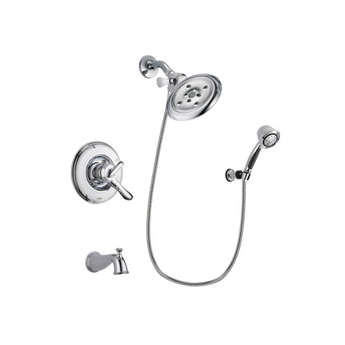 Delta Linden Chrome Finish Dual Control Tub and Shower Faucet System Package with Large Rain Showerhead and 5-Spray Adjustable Wall Mount Hand Shower Includes Rough-in Valve and Tub Spout DSP0387V