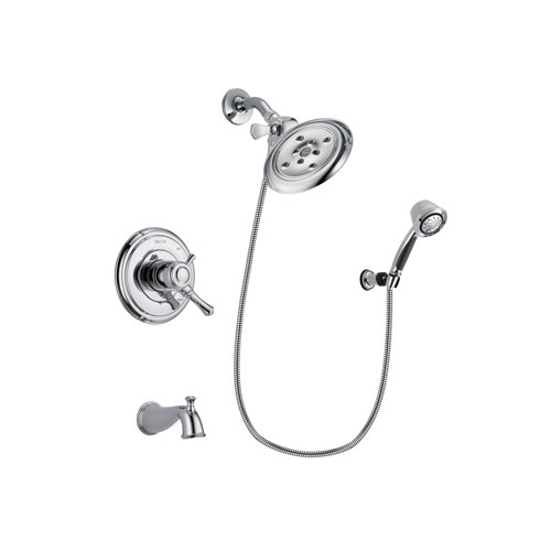 Delta Cassidy Chrome Finish Dual Control Tub and Shower Faucet System Package with Large Rain Showerhead and 5-Spray Adjustable Wall Mount Hand Shower Includes Rough-in Valve and Tub Spout DSP0389V